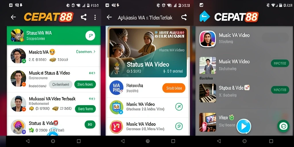Tampilan antarmuka aplikasi Status WA Video yang modern dan user-friendly.
