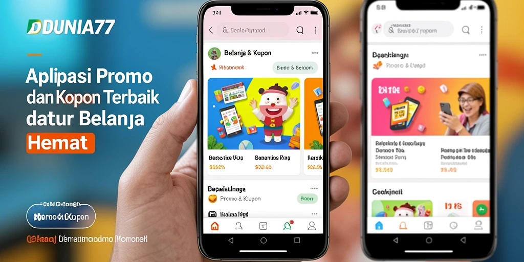 Antarmuka aplikasi DUNIA77 yang menampilkan berbagai kupon dan promo.
